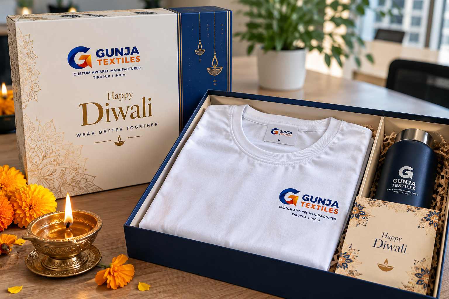 Custom Diwali gift box and branded T-shirt by Gunja Textiles