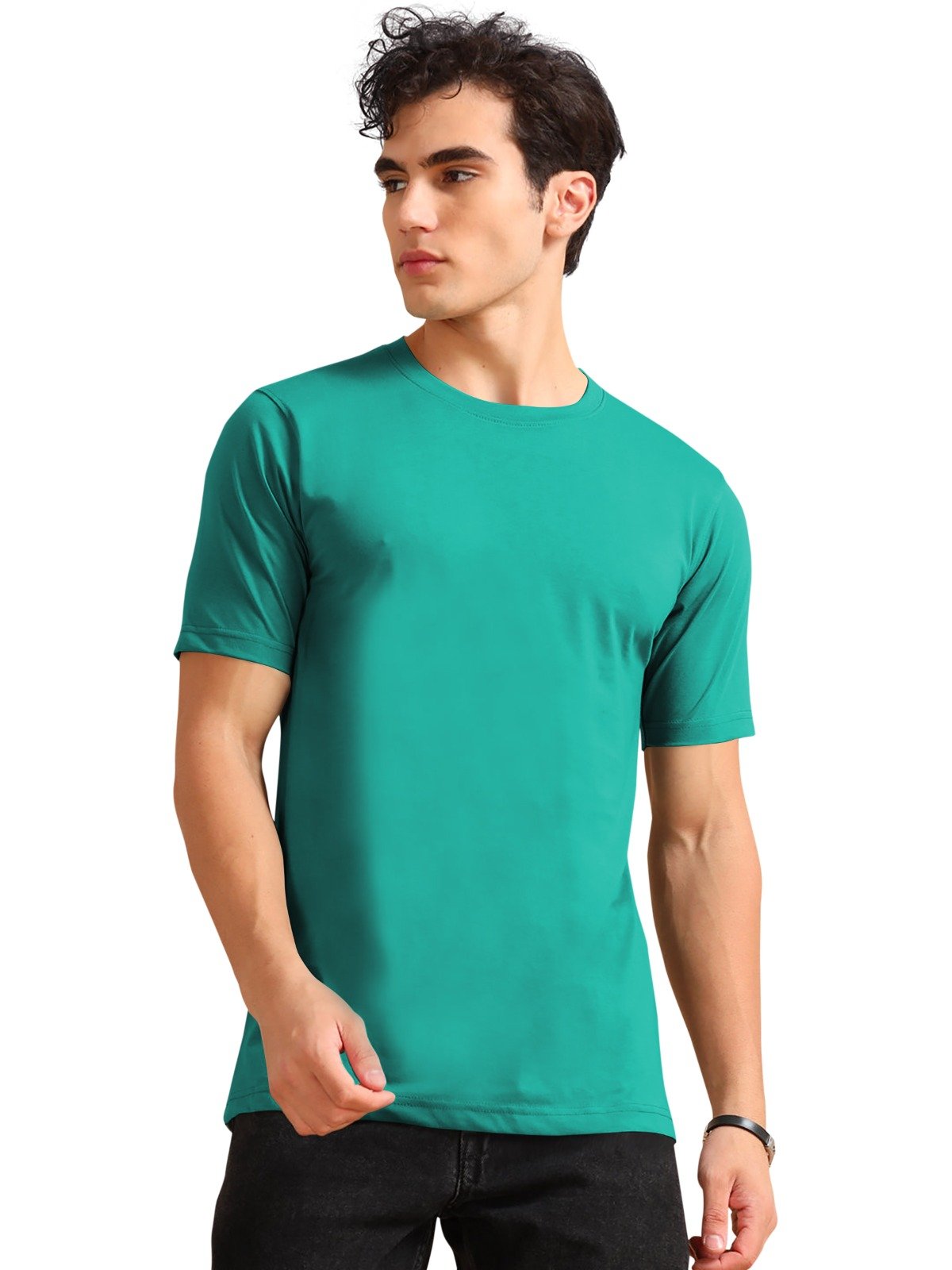 Model wearing a green t-shirt, custom t-shirt design, high-quality cotton t-shirt, eco-friendly apparel by Gunja Textiles, sustainable fashion t-shirt.